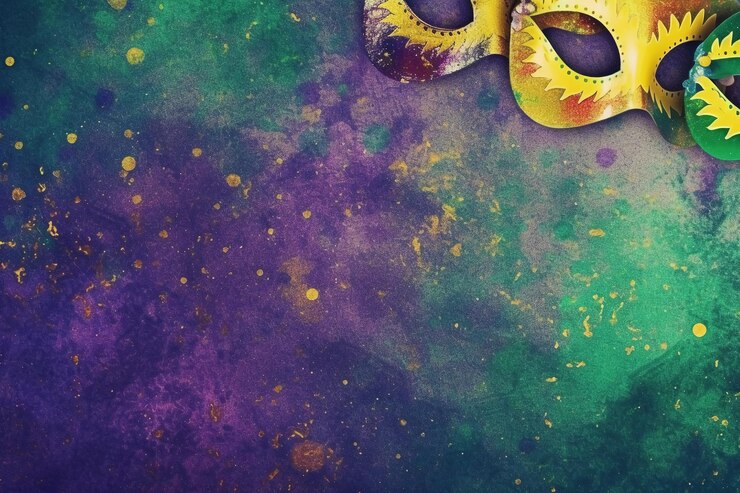 Una colorata maschera mardi gras con uno sfondo verde.