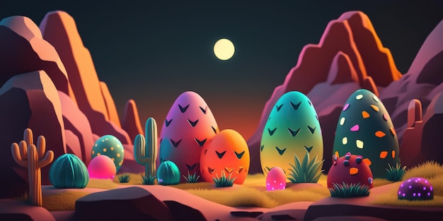 Una colorata scena del deserto con un cactus e uova.