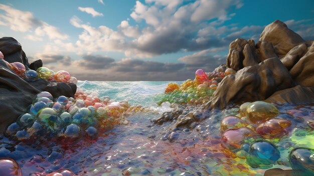 Una colorata scena oceanica con una spiaggia rocciosa e un cielo nuvoloso.