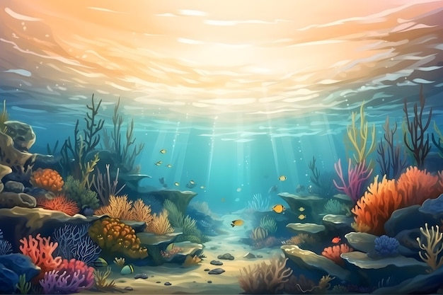 Una colorata scena subacquea con un pesce e rocce