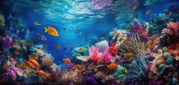 Una colorata scena subacquea con una barriera corallina e pesci.
