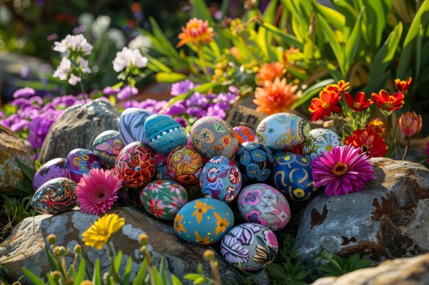 Una colorata serie di uova di Pasqua dipinte a mano in roccia annidate tra i fiori primaverili in un giardino illuminato dal sole