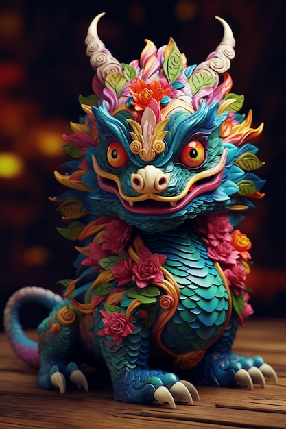 Una colorata statua del drago con sopra la parola drago