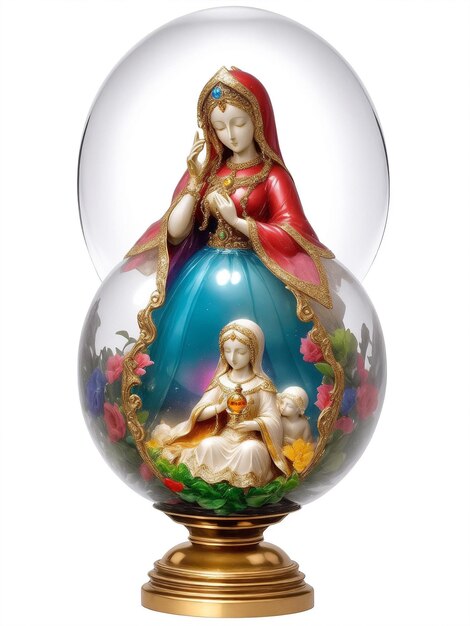 Una colorata statua di Madre Maria seduta in una palla di vetro generata dall'IA
