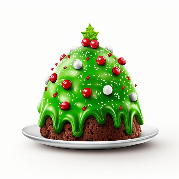 Una colorata torta di budino di Natale con glassa verde e spruzzate