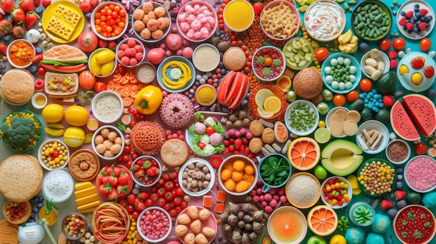 Una colorata varietà di alimenti esposti insieme