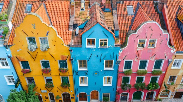 Una colorata vista aerea di una vecchia città europea con edifici vivaci e affascinanti tetti