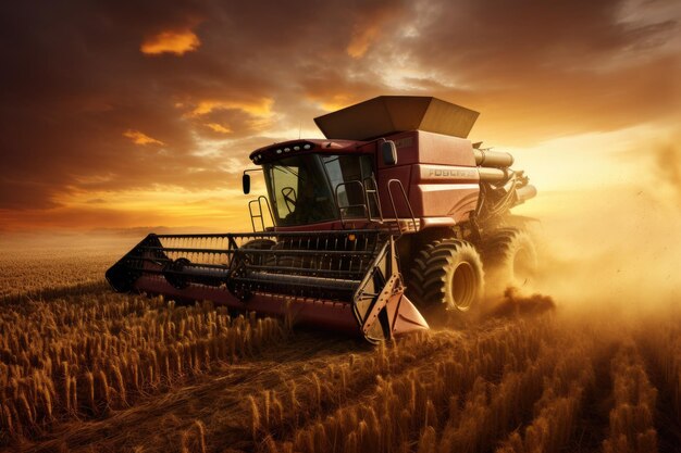 Una combinazione che lavora in un campo di grano al tramonto Un trattore che raccoglie amido di grano al tramonto in un campo di campagna AI Generato