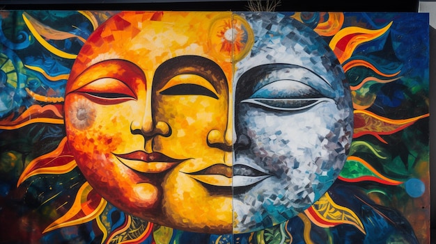 Una combinazione di maschera sole luna pittura murale bellissima immagine Ai generato arte