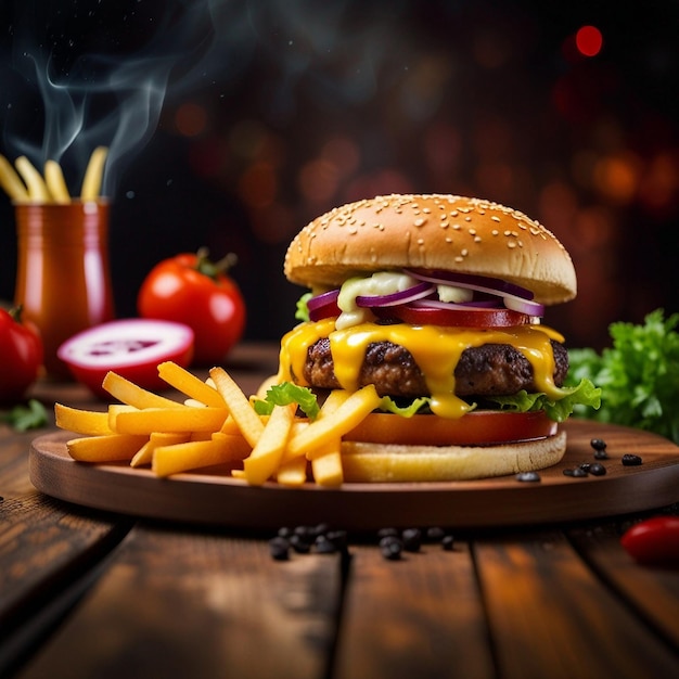 Una combinazione di patatine fritte e deliziosi hamburger di verdure nel piatto su fondo fumoso di grandi parti in legno spesso