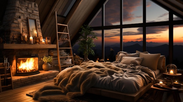 Una comoda camera da letto in stile cabina con un camino