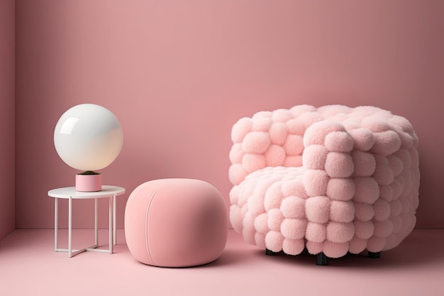 Una comoda poltrona e un pouf con accanto un tavolino, il tutto davanti a una parete rosa