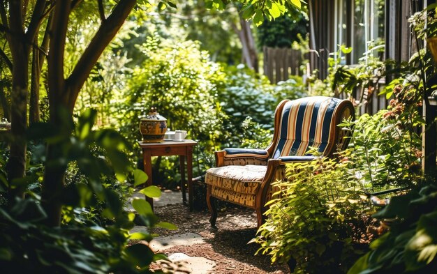 Una comoda sedia in un angolo di lettura in cortile accompagnata da un piccolo tavolo laterale