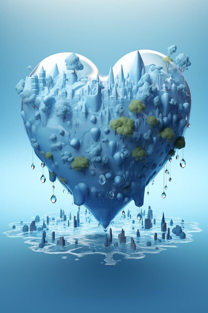 una composizione 3D con gocce d'acqua che formano la forma di un cuore