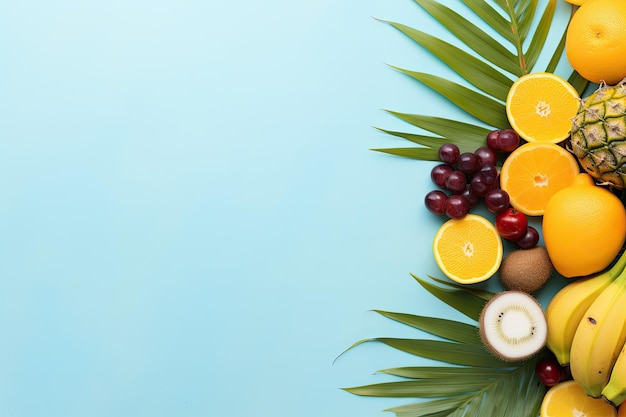 Una composizione a tema estivo con foglie di palma tropicali vibranti, frutti e una carta gialla bianca