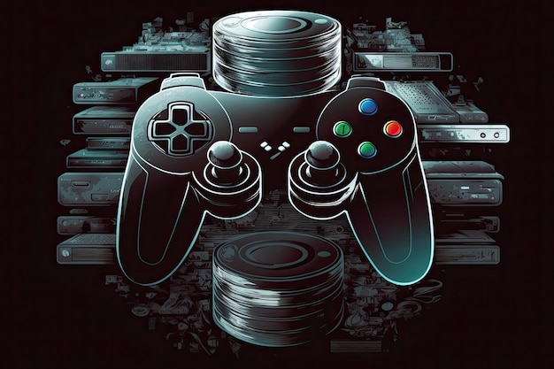 Una composizione astratta con un controller per console di gioco e dischi di gioco sparsi su uno sfondo scuro e spigoloso Generato dall'intelligenza artificiale