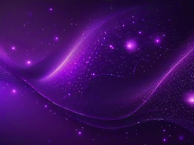 Una composizione astratta con un'onda di particelle viola intrecciata da punti e stelle luminosi