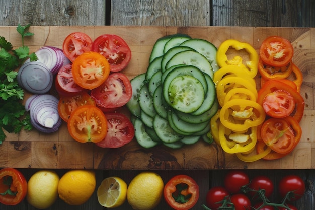 Una composizione colorata di ingredienti freschi, comprese verdure a fette, esposta su una tavola da taglio in legno