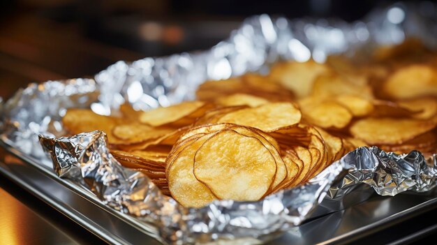 Una composizione con patatine fritte confezionate singolarmente in pellicola