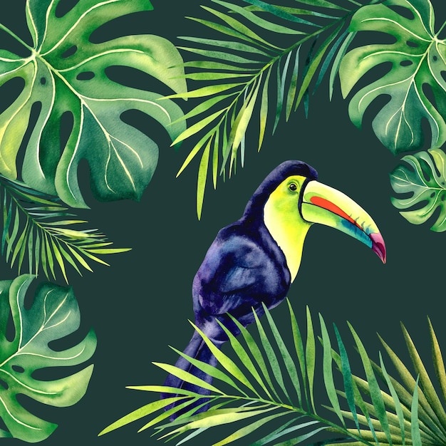 Una composizione con un tucano arcobaleno su uno sfondo isolato Un uccello esotico I tropici Ramo di palma Monstera Acquerello illustrazione