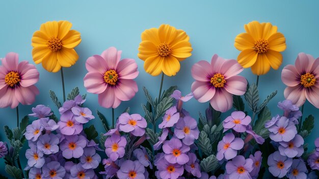 Una composizione di fiori gialli e viola su uno sfondo blu pastello Un concetto di Pasqua primaverile