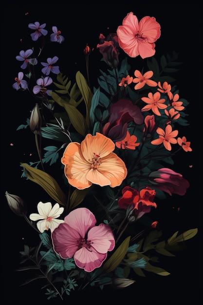 Una composizione floreale colorata con uno sfondo nero.