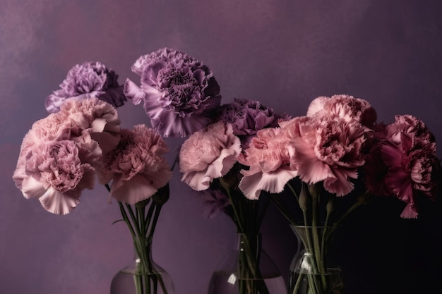 Una composizione floreale viola e rosa viene visualizzata su uno sfondo viola.