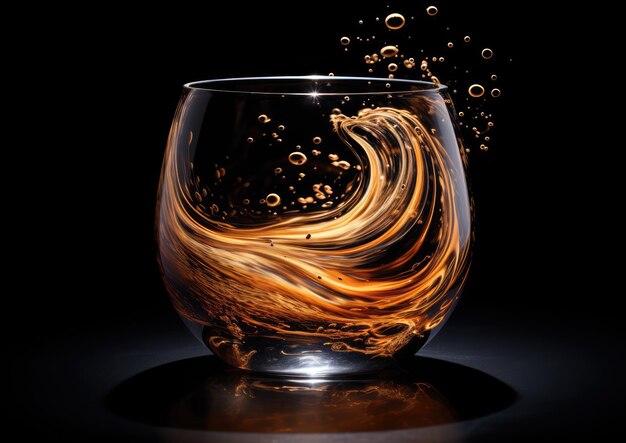 Una composizione fotorealista di una natura morta di un bicchiere pieno di liquido vorticoso contro un nero