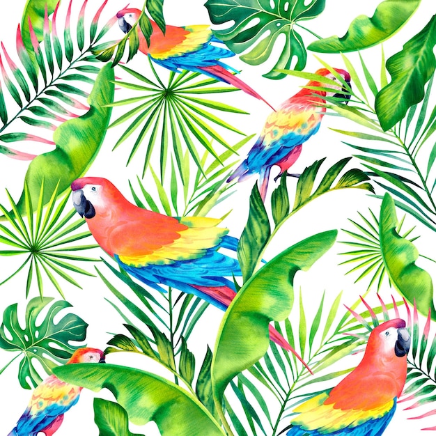 Una composizione tropicale di rami di palma e un pappagallo Macaw rosso Illustrazione acquerello Uccelli esotici Foglie di banana Monstera