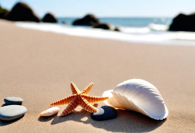 una conchiglia di mare giace sulla spiaggia e il mare è una stella marina