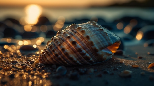 Una conchiglia su una spiaggia al tramonto