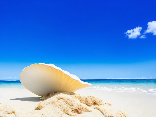 Una conchiglia su una spiaggia con un cielo blu sullo sfondo ai generato