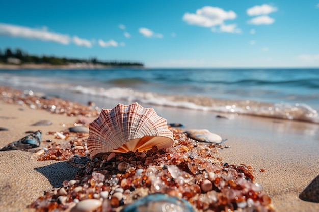 Una conchiglia su una spiaggia sabbiosa con motivi ondulati