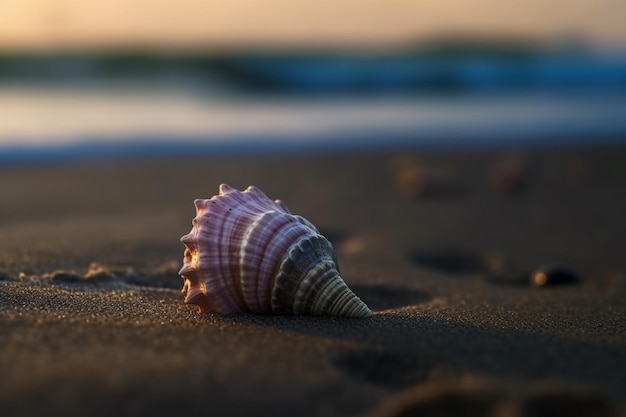 Una conchiglia sulla spiaggia al tramonto