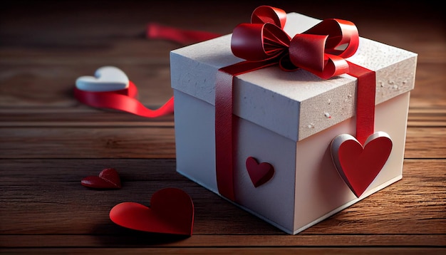 Una confezione regalo bianca con fiocco rosso e cuori sul tavolo di legno per il giorno di San Valentino compleanno festa della mamma sfondo carta da parati banner con spazio per il design AI generativa