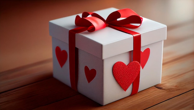 Una confezione regalo bianca con fiocco rosso e cuori sul tavolo di legno per il giorno di San Valentino compleanno festa della mamma sfondo carta da parati banner con spazio per il design AI generativa