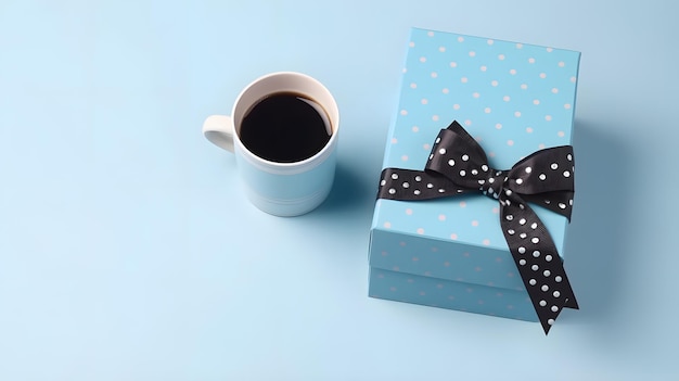 Una confezione regalo blu con un nastro nero e una tazza di caffè su un tavolo blu.