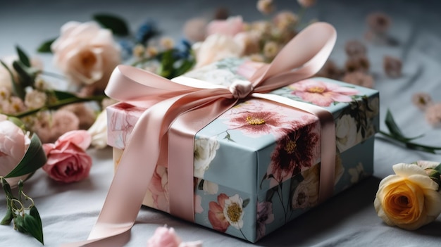 Una confezione regalo con un nastro rosa e dei fiori
