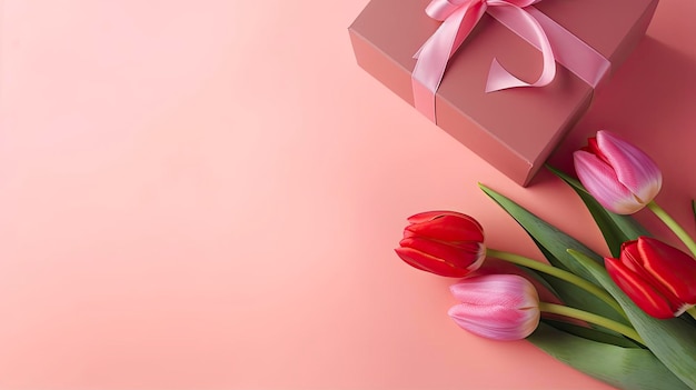 Una confezione regalo con un nastro rosa e un tulipano rosso sopra