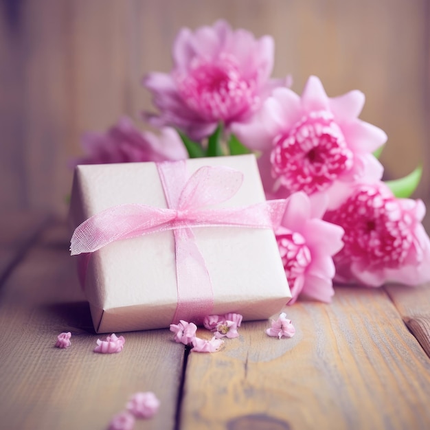 Una confezione regalo con un nastro rosa legato con un fiocco si trova accanto a un bouquet di peonie rosa.