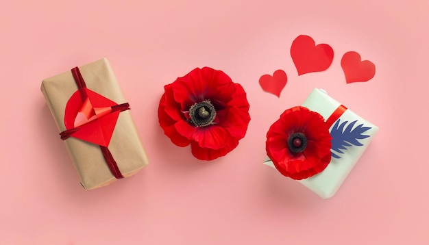 Una confezione regalo con un nastro rosso e un cuore rosso su sfondo rosa