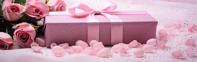 una confezione regalo di rose rosa su tessuto con rose in stile punti simili a coriandoli