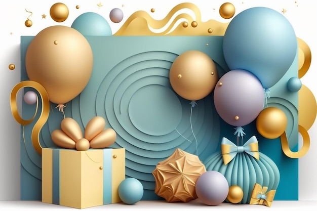 Una confezione regalo e palloncini su sfondo blu