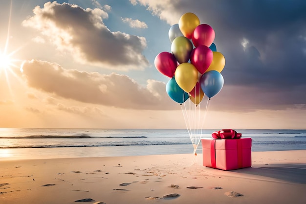 Una confezione regalo e palloncini sulla spiaggia