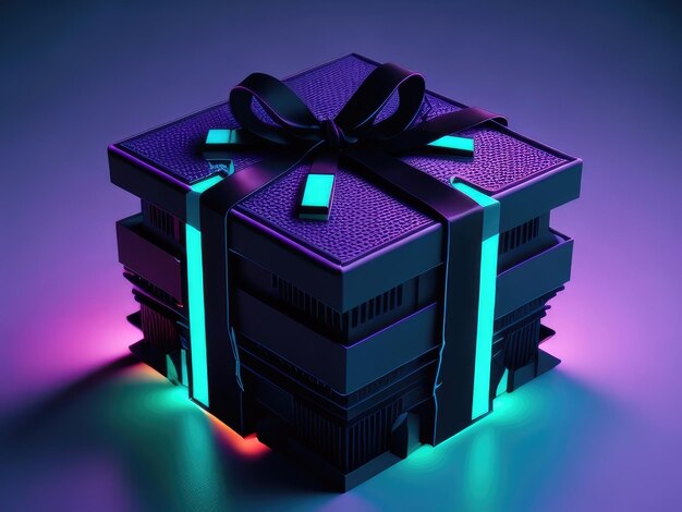 Una confezione regalo in stile cyberpunk su sfondo scuro