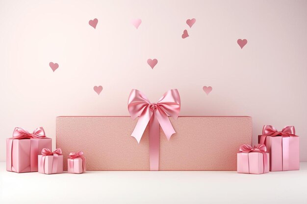 una confezione regalo rosa con un fiocco rosa e scatole regalo rosa