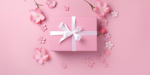 Una confezione regalo rosa con un nastro bianco su sfondo rosa con fiori di ciliegio.