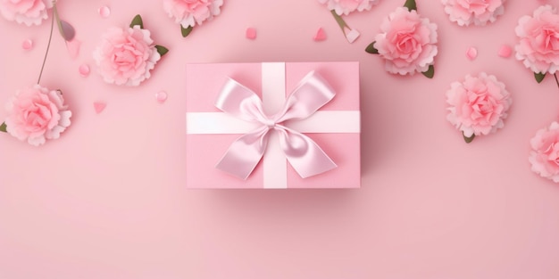Una confezione regalo rosa con un nastro rosa e un fiocco rosa su uno sfondo rosa con fiori.
