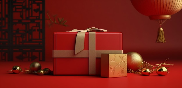 Una confezione regalo rossa con un fiocco dorato e una palla di Natale dorata a sinistra.