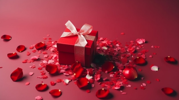 Una confezione regalo rossa con un nastro bianco e cuori sul pavimento